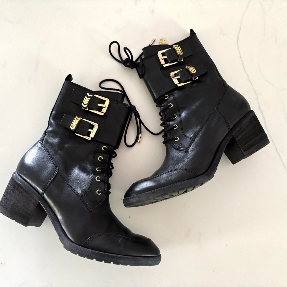 Donald J. Pliner Black Combat Boots with Gold Buckles